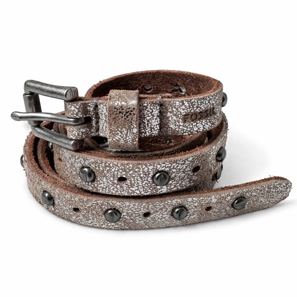 Fossil Metallic Studded Leather Belt - Silver Brown, Silver Hardware, Size M-L